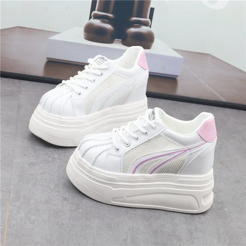 

Women Hidden Elevator White Shoes Summer Breathable Mesh Upper 12CM Height Lift Thick Sole Non-slip Casual Skate Sneakers
