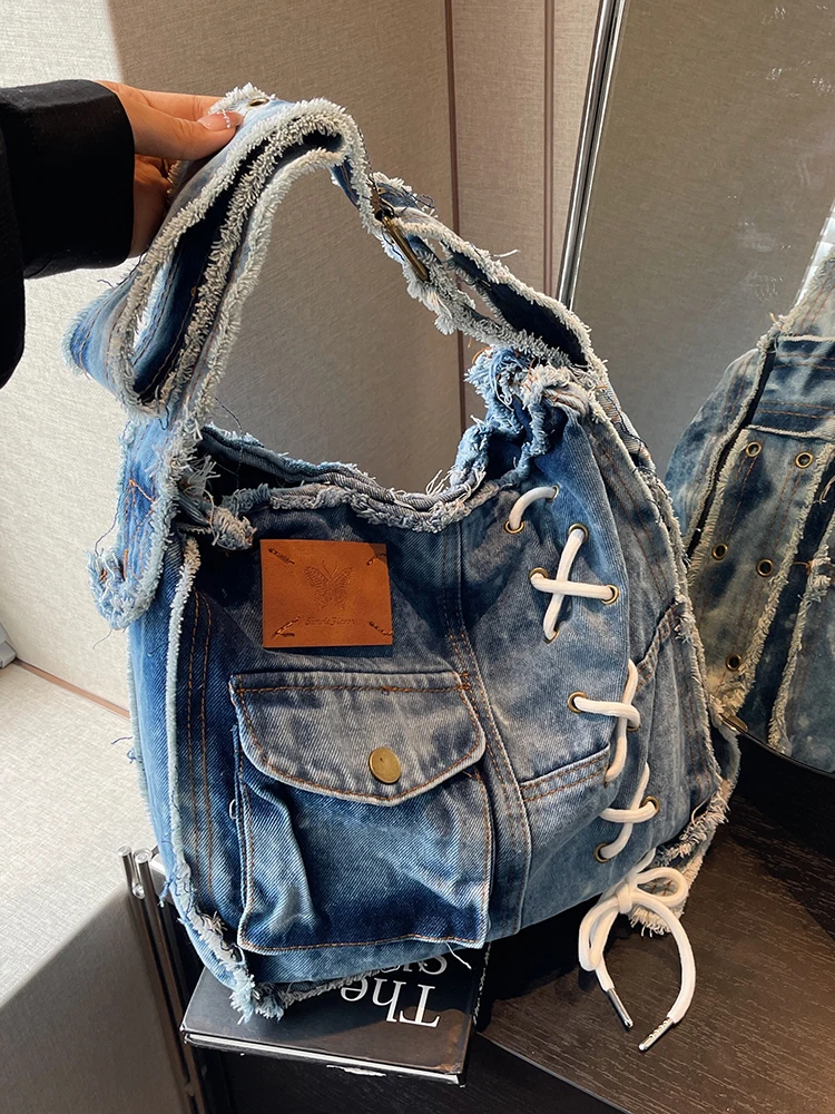 

American Retro Denim Cross Strap Square Single Shoulder Women's Bag With Large Capacity And High-end Feeling Crossbody Bag Trend