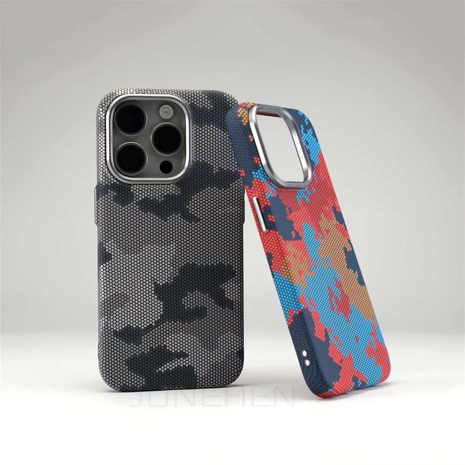 Mganetic Camouflage Carbon Fiber Pattern Case For iPhone 15 14 13 16 Pro Max Alloy Lens Hard Cover For Magsafe Wireless Charge