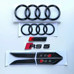 AUDI RS5 4-Ring logo ABS Black Car Hood Front Grill Emblem Rear Trunk Badge Sticker RS5 Sticker RS5 Car Fender Side Emblem