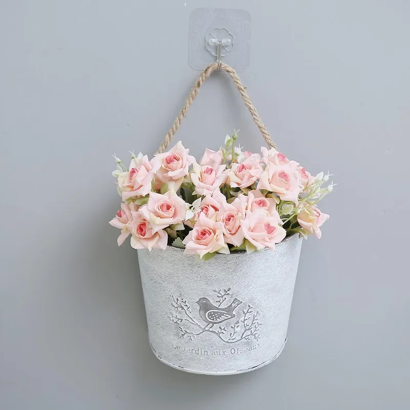 Vintage Bird Pattern Wall Hanging Metal Flower Pot with Rope Handle, Rustic White Planter Bucket for Home Garden Wall Decor