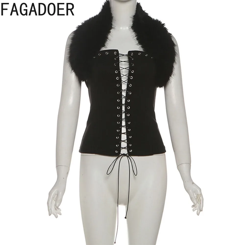 FAGADOER Sexy Fur Patchwork 2 Pieces Set for Woman Outfit Sleeveless Backless Bandage Crop Top + Shorts Suits Female Streetwear