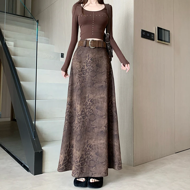 Ele High Waist Coffee Color Printed f Skirt Women's Faion Long Midi Skirt Autumn Winter New Design Slimming Effect