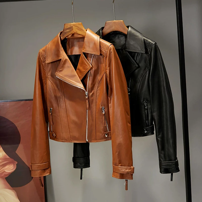 Ropa de cuero auténtico, chaquetas de piel de oveja para mujer, moda marrón, chaquetas informales cortas ajustadas de manga larga para motocicleta