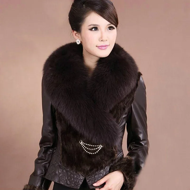 Genuine Leather Jacket Women Short Slim Mink Fur Coat Women Elegent Fox Fur Collar Down Jacket Casacos De Inverno Feminino FCY