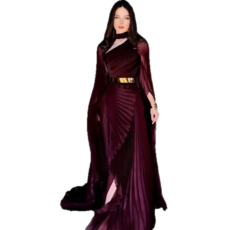 Ele Long Sve Gown with oulder awl High Waist Belt Slit Design for Women Summer 2025 Cross-Border Faion Dr