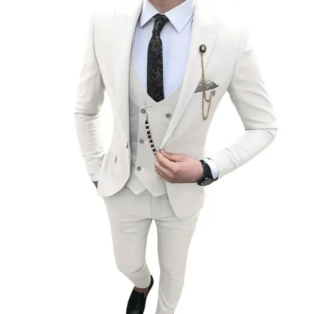 

White High Quality Men Suits Slim Fit Single Breasted Peak Lapel Elegant Groom 3 Piece Jacket Pants Vest Male Sets