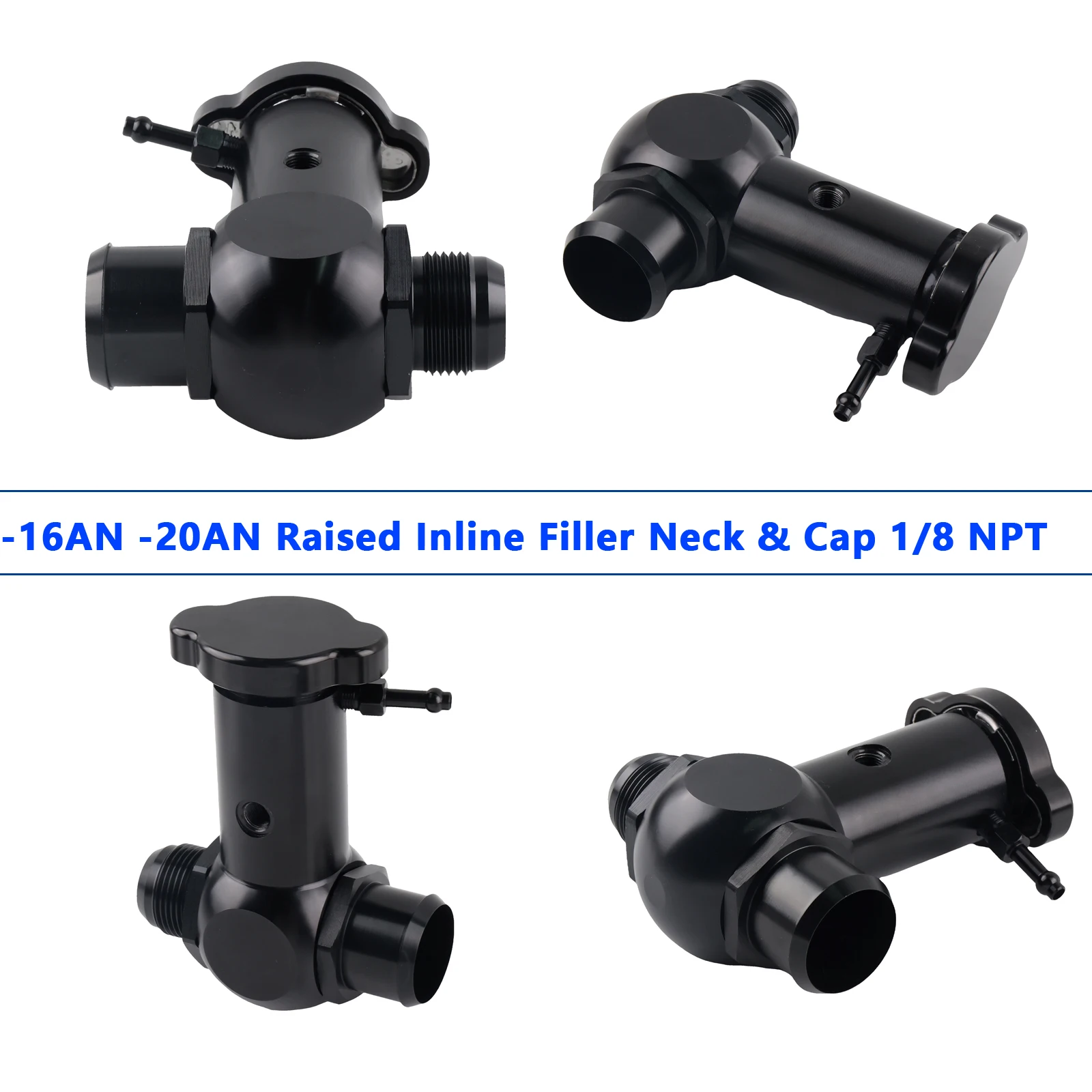 new Aluminum Raised Inline Filler Neck Hose Radiator Connector w/ Cap 16AN Fitting