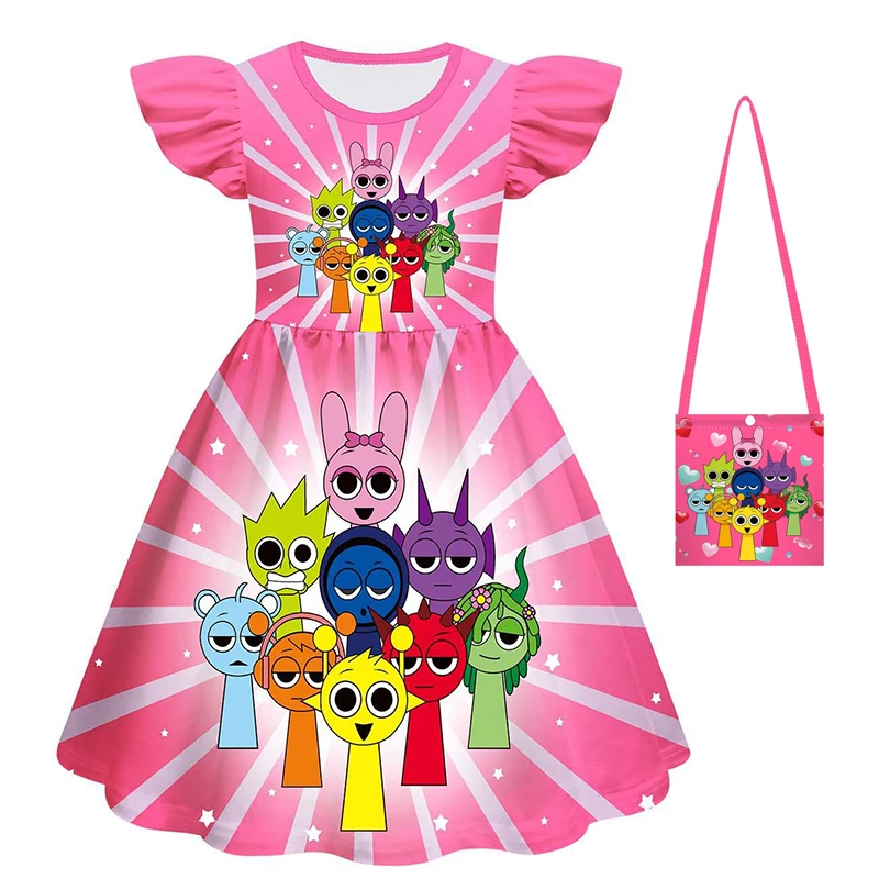 New Movie Sprunki Dress Children\'s Summer Vacation Outfit Girls\' Game Lncredible Box Casual Dress And Bag  Girls\' Clothes