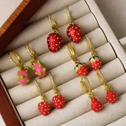 Enamel Red Strawberry Earrings for Women Copper Zircon Hoops Dragon Fruit Earrings Cute Jewelry Gifts ersy98