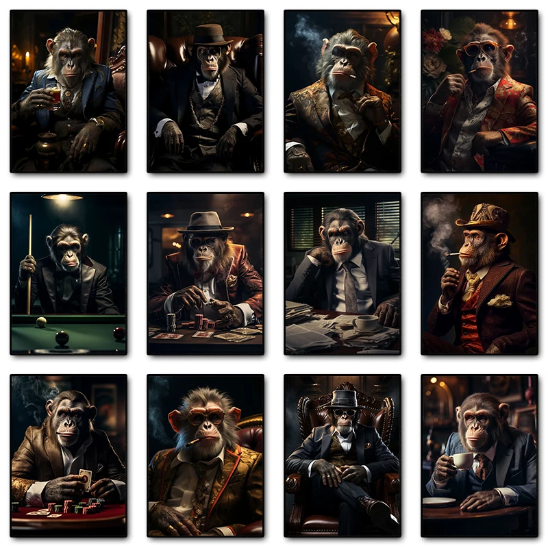 Vintage Gangster Billiards Animal Monkey Smoke Portrait Poster and Prints Canvas Painting Wall Art Pictures Home Room Decor