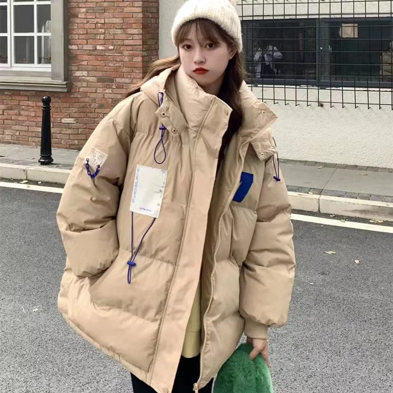 Gidyq Women Padded Warm Coats Winter Fashion Numbers Embroidery Cotton Padded Down Jacket Korean Casual Female Loose Outerwear