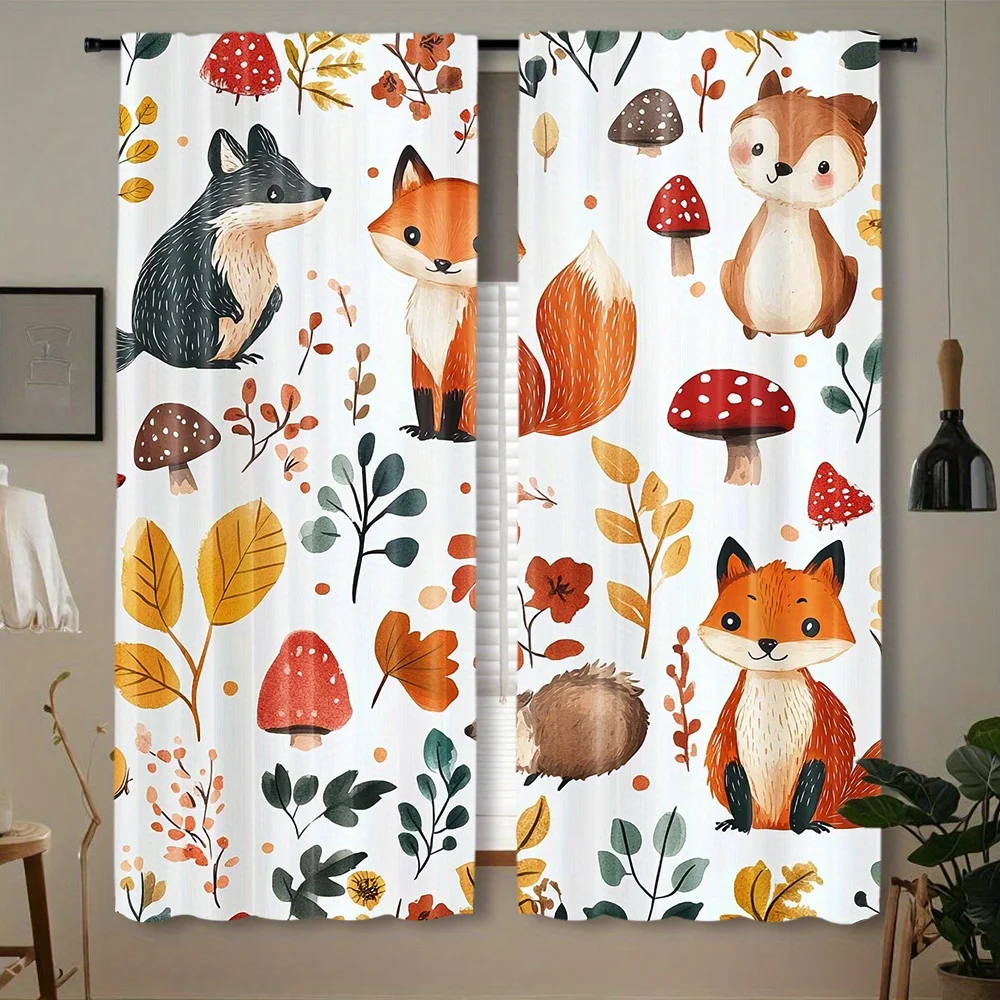 2PCS Cartoon Curtains, Fox Hedgehog Mushroom Forest, Digital Print, Bedroom Living Room, Office, Bathroom, Dining Room