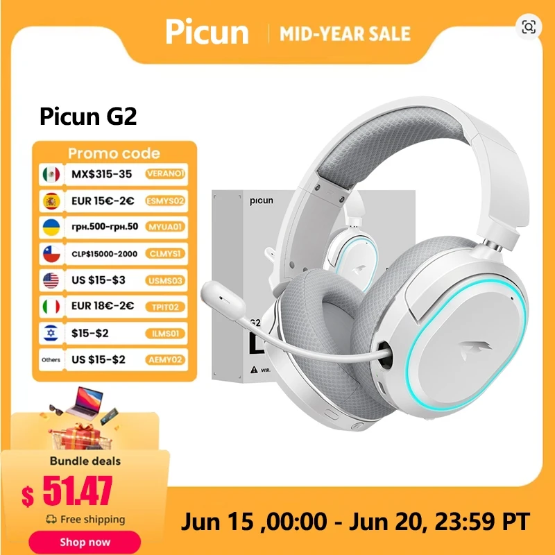 Picun G2 2,4 GHz Bluetooth auriculares inalámbricos para juegos para PC PS4 PS5 interruptor de teléfono 5ms baja latencia 7,1 auriculares con cable envolvente micrófono ENC