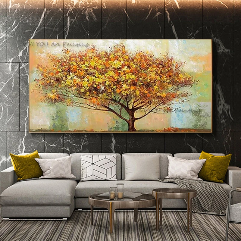Handpainted Wall Oil Painting On Canvas Impasto Golden Autumn Tree Abstract Landscape Oil Painting for Sofa Wall Decor