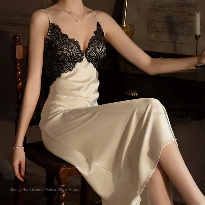 Sexy Femlae Long Robe Nightgown 2PCS Set Spring Summer New Silk Satin Sleepwear Nightdress Lingerie Patchwork Lace Homewear - Image 3