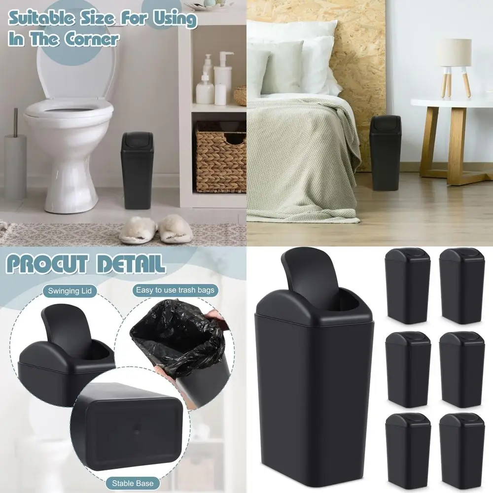 

6-Pack 3 Gallon Plastic Trash Cans with Lids for Home, Office, and Outdoor Use (Black)