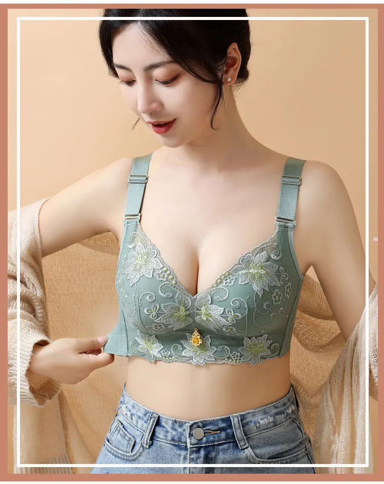 Embroidery Beautiful Back Wireless Push Up Bra Women Small Bust Lift No Empty Cup Anti Sag Shaping Bra