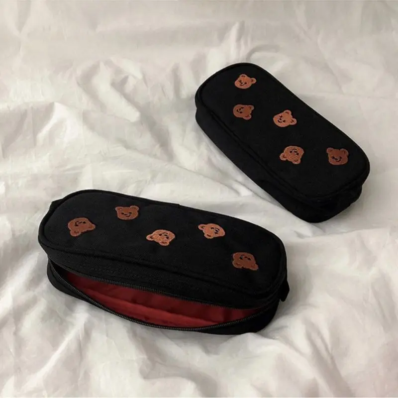 Kawaii หมีเย็บปักถักร้อยผ้าใบปากกาดินสอกระเป๋าเด็กของขวัญเครื่องเขียนเครื่องสำอางค์กระเป๋าอุปกรณ์สำนักงานโรงเรียน