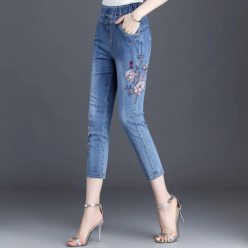 Jeans Women Spring Summer Elastic High Waist Embroidery Denim Pants Ladies Cotton Stretch Ankle-Length Jeans Pants