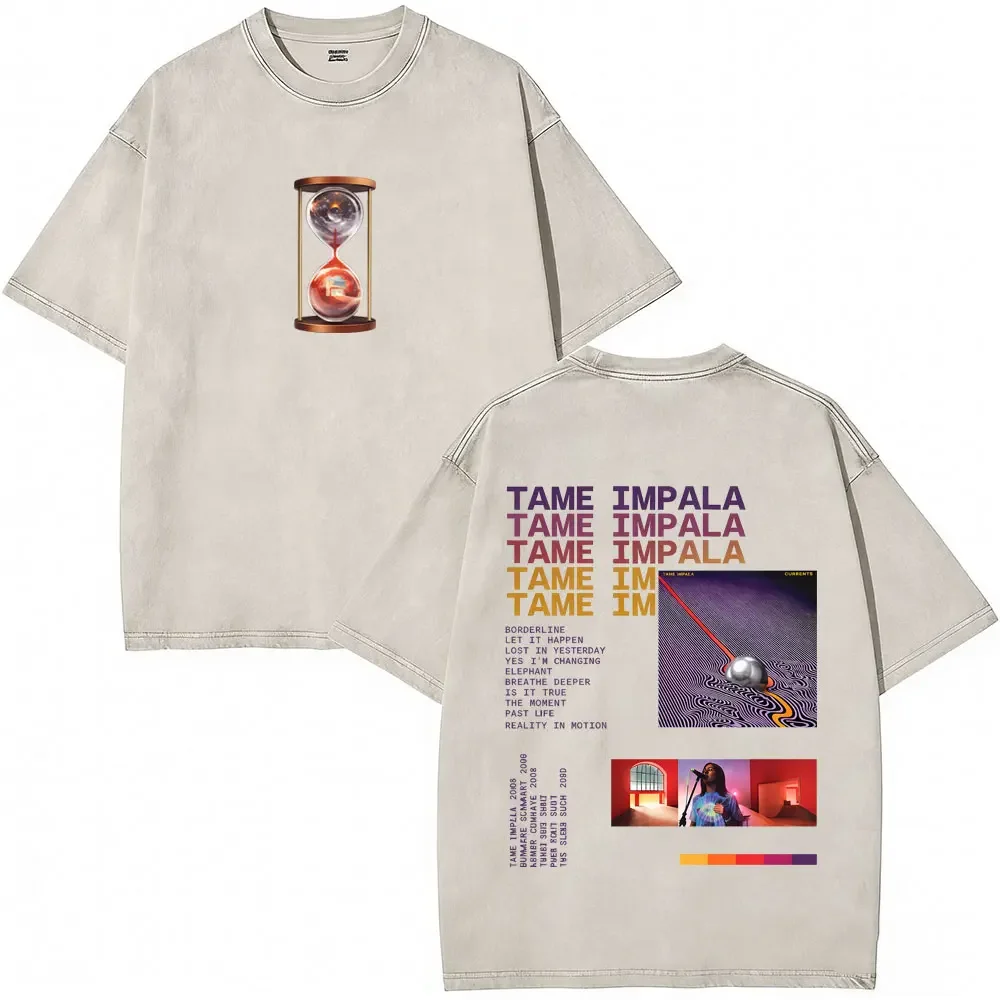 Washed Vintage Pop Rock Band Tame Impala Currents Graphic Print T Shirt Men's Women Casual Cotton Oversized Short Sleeve T-shirt