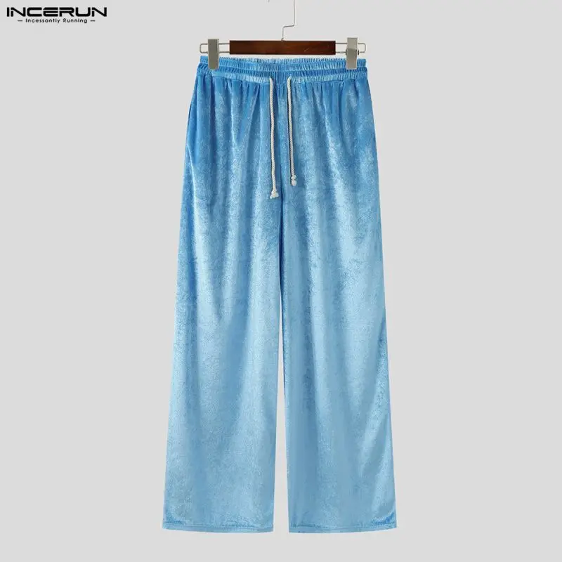 

INCERUN Men Pants Solid Color Velour Drawstring Joggers Trousers Men Streetwear Loose Fashion Casual Male Wide Leg Pants S-5XL