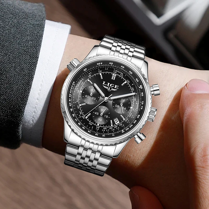 LIGE ساعة مضيئة للرجال موضة رجال الأعمال ساعة رياضية مقاوم للماء كرونوغراف رجالية كوارتز ساعات المعصم Relogio Masculino