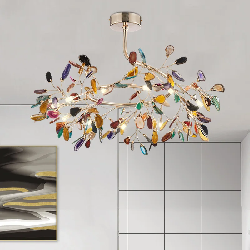 Nordic Colorful Agate LED Ceiling Chandeliers Lighting Romantic Leaves Shape Pendant Lamp Living Dining Room Bedroom Decor Light