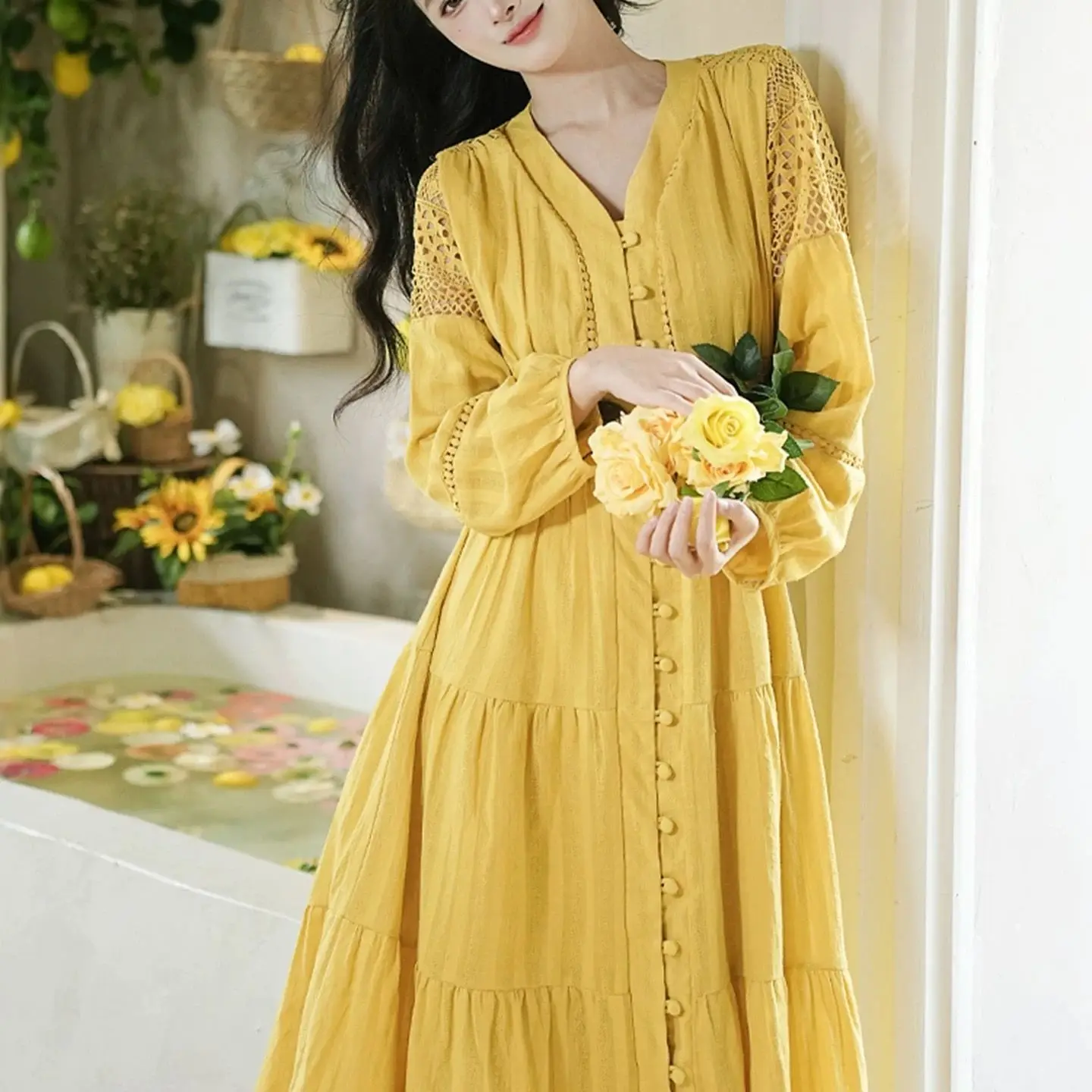 

Women Long Sleeve A-line Sundress Spring Long Dress Autumn Solid Party Holiday Maxi Dresses Vestidos Femme Vintage Robe TS644