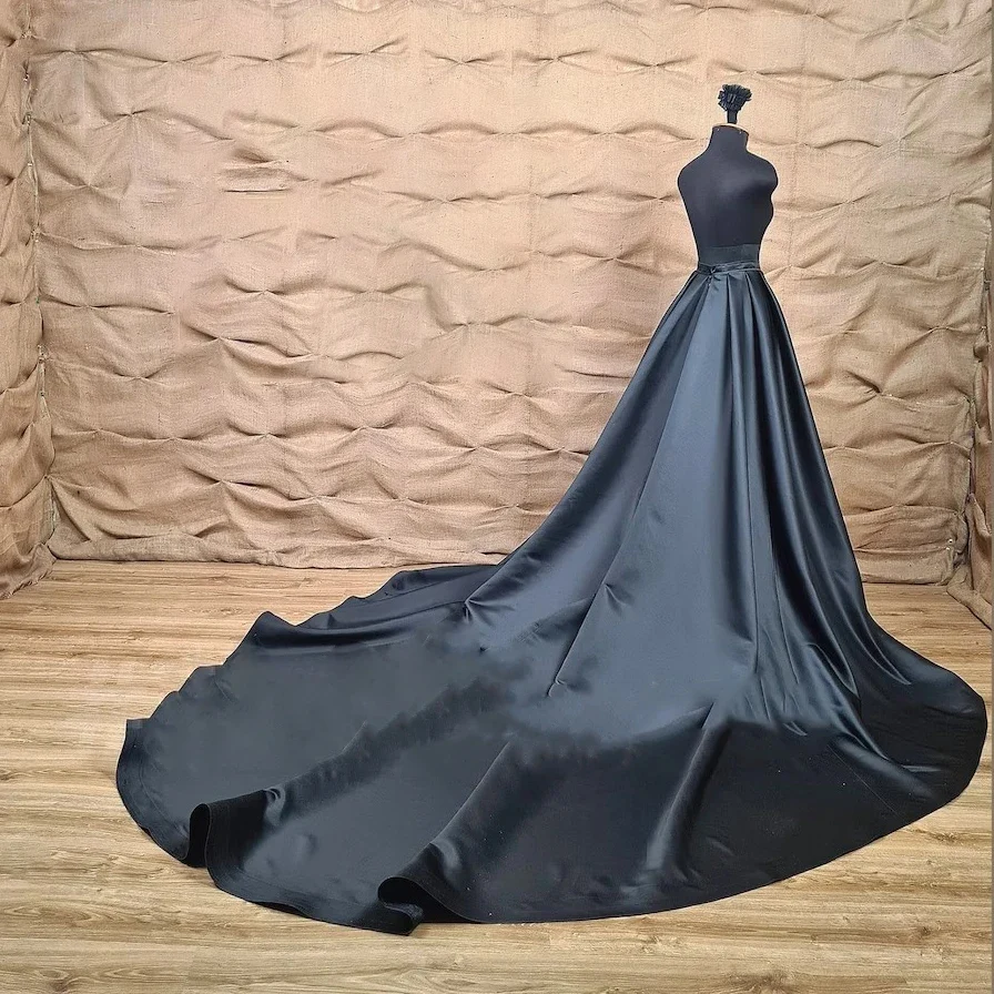 Black Satin Bridal Detachable Long Train Wedding Removable Skirt for Dresses Front Open Party Prom Overskirt