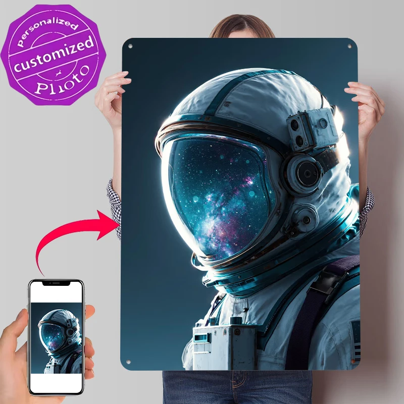 Astronaut Helmet Reflecting Galaxy Metal Poster Customized Wall Art Retro Vintage Tinplate Signs for Home Decoration Luxury Room