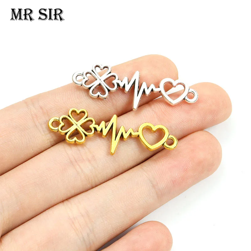 15pcs Four Leaf Clover Electrocardiogram Heart Charm Connectors Gold/Silver Plated Plated Radio Waves Alloy Pendant Jewelry Gift