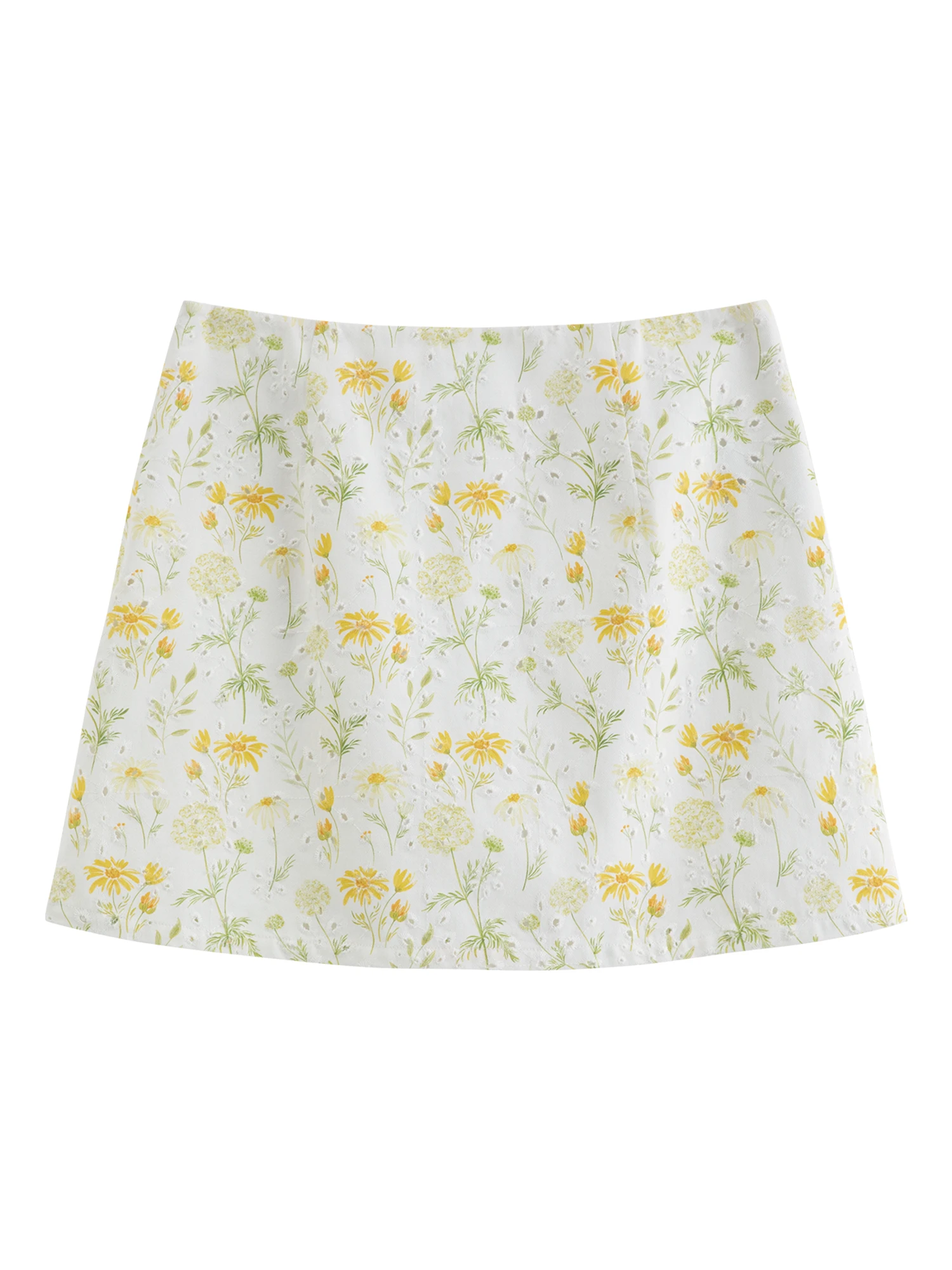 DUSHU 2026 Sommer Damen High-Waist A-Linien Minirock 100% Baumwolle mit Lochmuster Gänseblümchen-Print Lockerer Lässiger Kurzer Rock Gelb – Detail 9