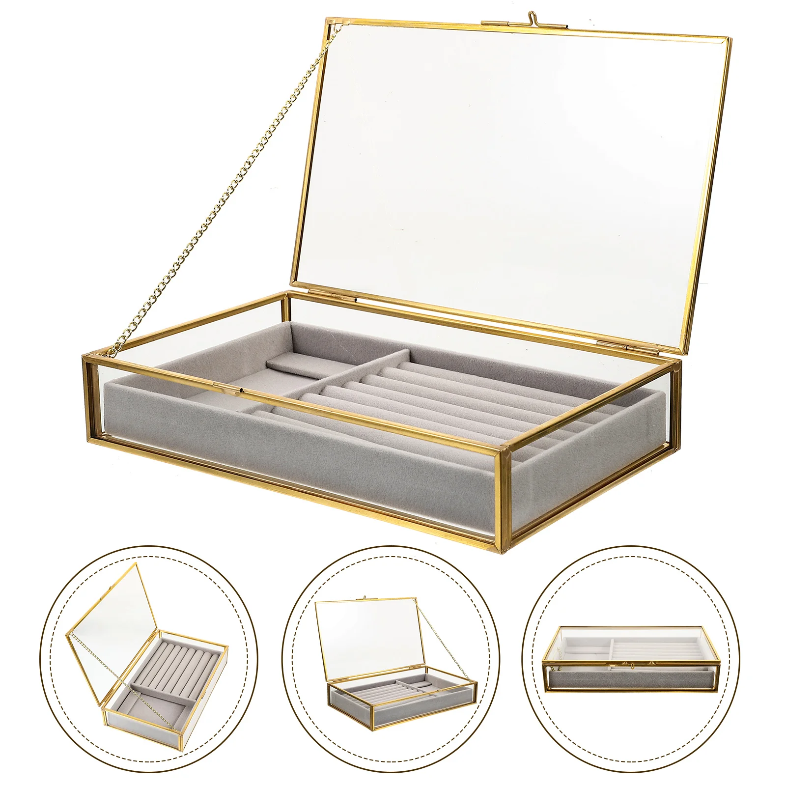

Clear Jewelry Case Retro Decorative Boxes for Home Gift Vintage Glass Ring Box Storage Container Metal Chain Sturdy