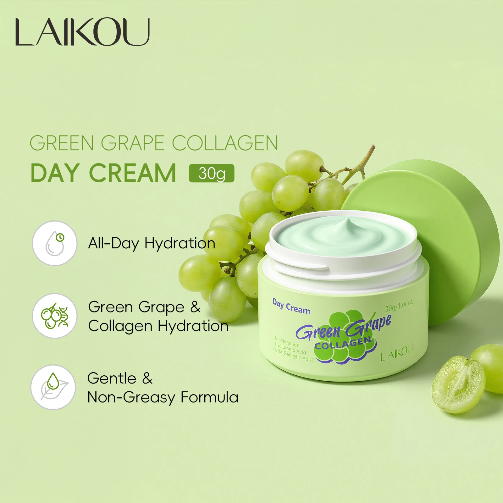 Green Grape Collagen Day Cream 30g Hydrating Moisturizing Facial Cream Nourish Dry Skin Light Texture Daily Facial Skin