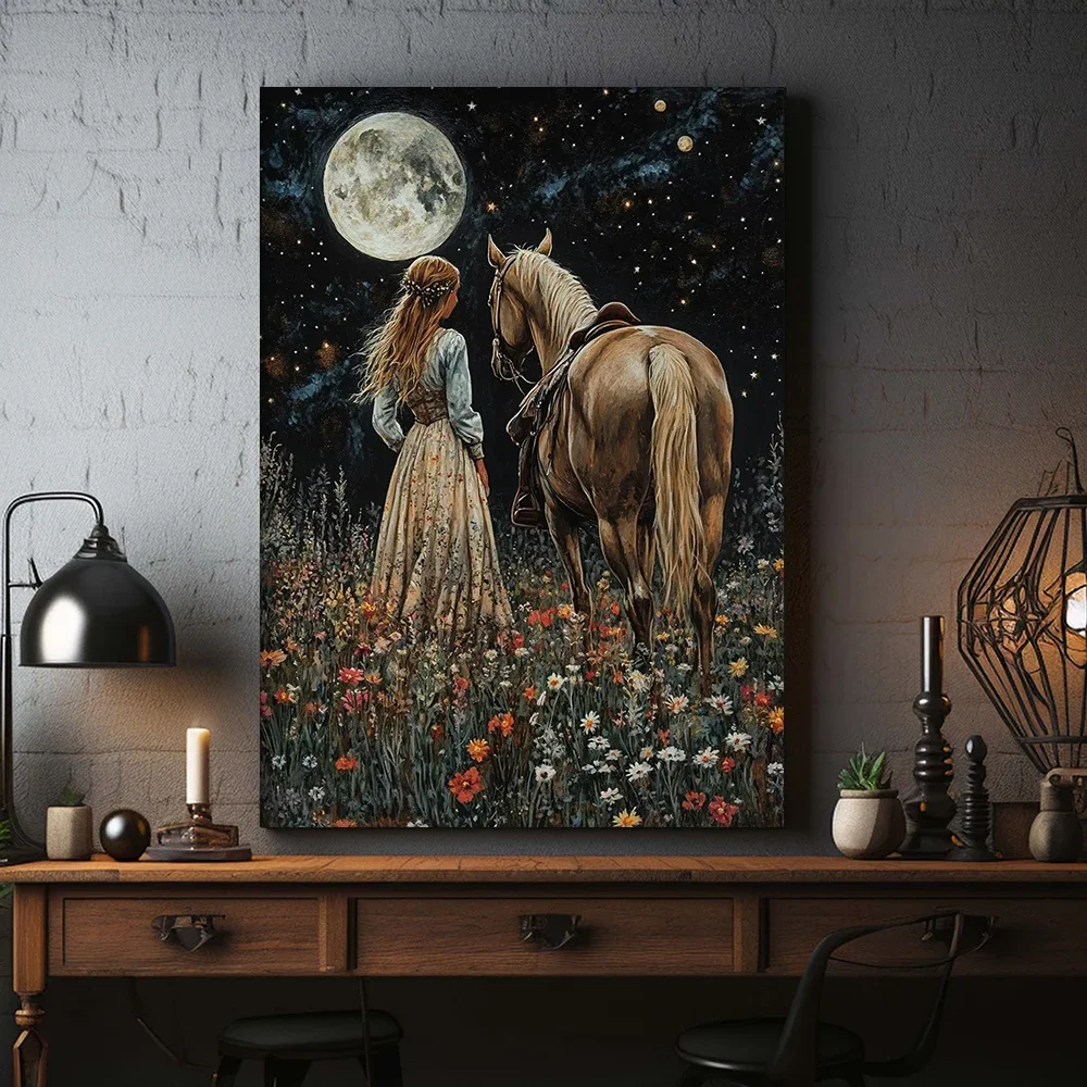 Multiple sizes 1pc frameless Canvas Painting,Vintage Girl & Horse in Wildflower Field At Night Dark Poster and Prints Canvas Pai