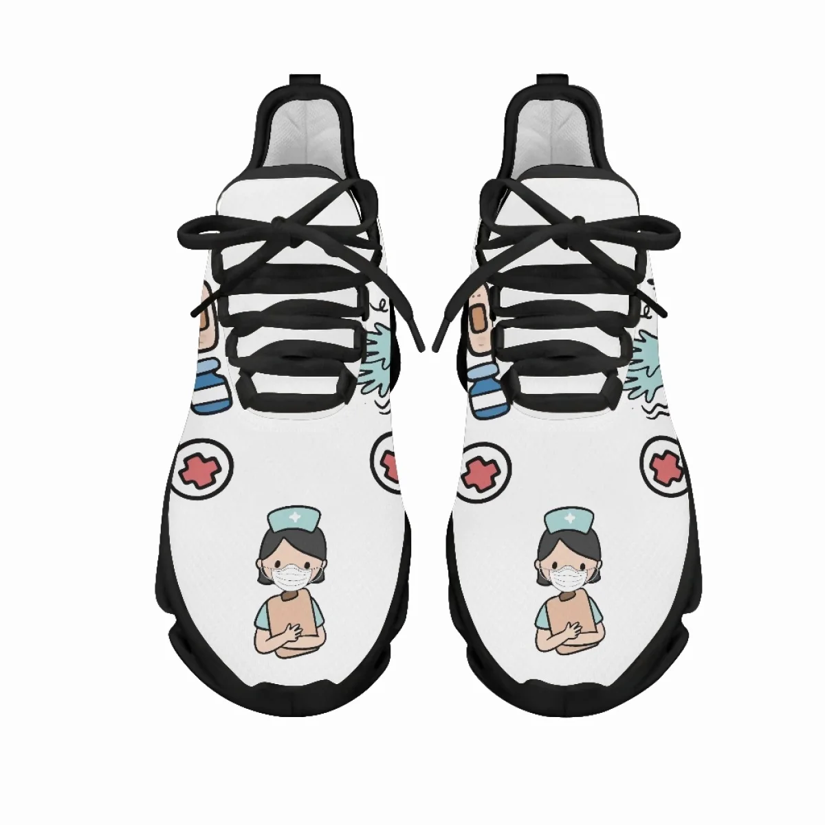 Yikeluo Cartoon Medicine Pattern Ladies Platform Nurse Shoes  Breathable Lace up Mesh Swing Sneakers Female Walk Footwear 2022