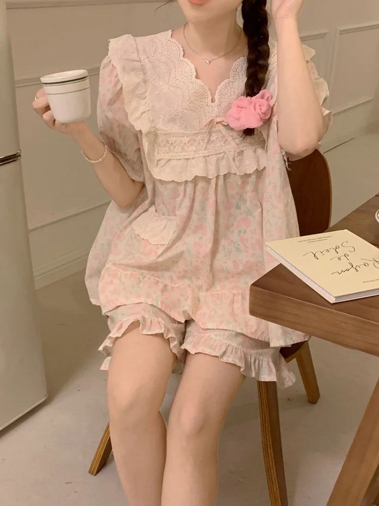 Lace New Print Soft Floral Flowers Sweet Short Sleeve Summer Pajama Set Women Vintage Real images Loose Half Pants Sleepwear Ins