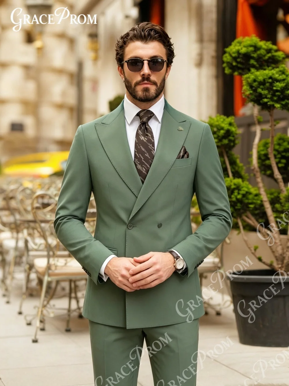 High Quality Sage Green Men Wedding Suit Groom Peak Lapel Solid Double Breasted 2PCS Suit For Prom Gala Business Banquet Wedding