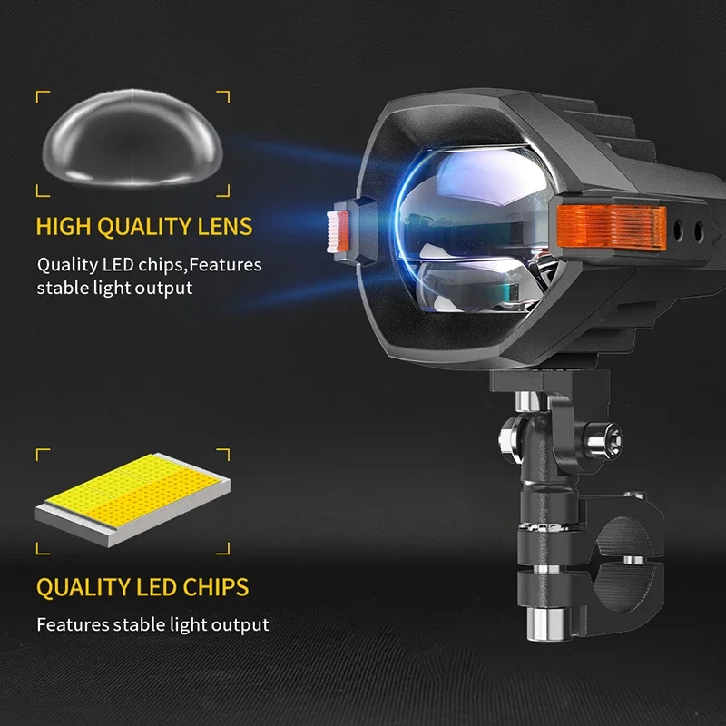 HAOLIDE Motorcycle LED Auxiliary Lights 7 Modes High Low Beam Amber Side Light Z Cut-Off Beam 360° Adjustable Mount off-road use