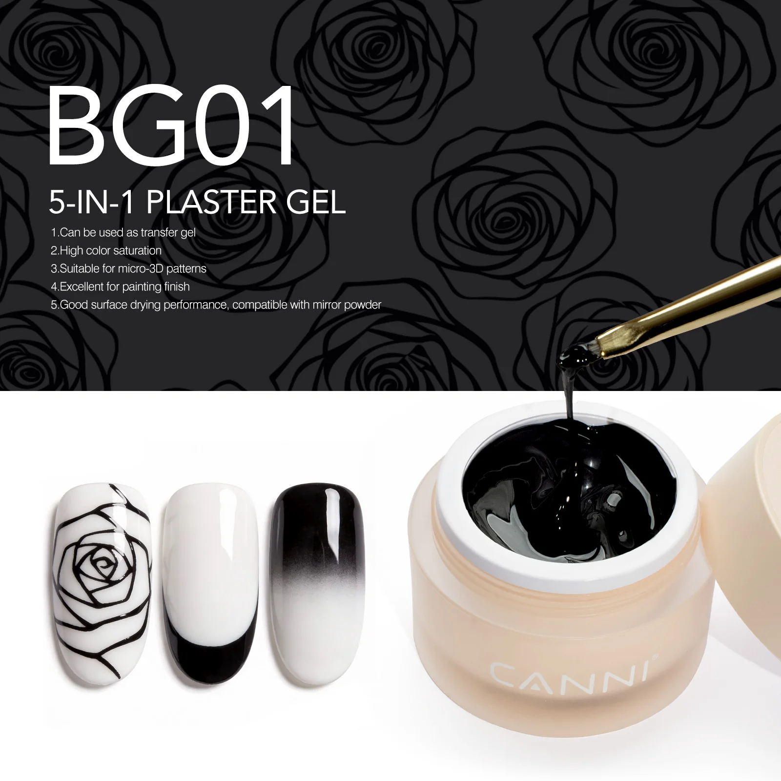 10ml CANNI Neuerscheinung Multifunktionales Gel 5 in 1 Schwarz Weiß Plastergel Ohne Brennen Abziehbares UV-LED-Konstruktionsgel für Nagel-Maniküre – Detail 2