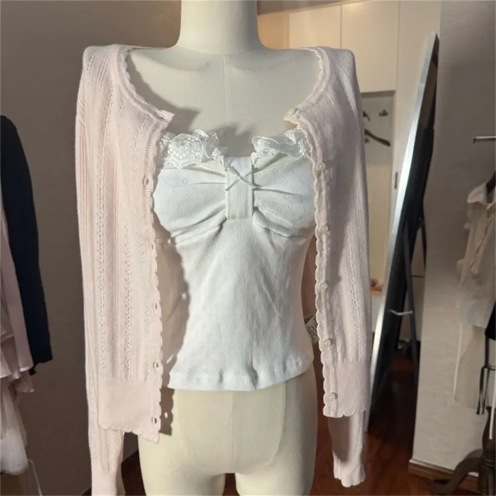 French Style Sweet Lace Trimmed Camisole + Pink Long-sleeve Knit Cardigan + High Waist Tulle Midi Skirt Set Elegant Clothes 2026 view 6