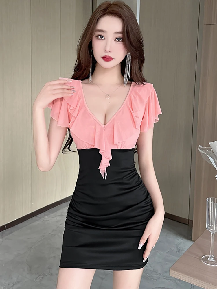 

Summer Black Patchwork Pink Mesh Ruffled V-Neck Sexy Club Dress Women Elegant Casual Prom Dress 2025 Korean Vintage Party Dress