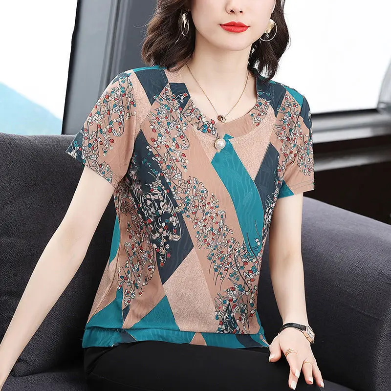 Fashion O-Neck Short Sleeve Beading Printed Blouse Women's Clothing 2024 Summer New Oversized Casual Pullovers Commuter Shirt