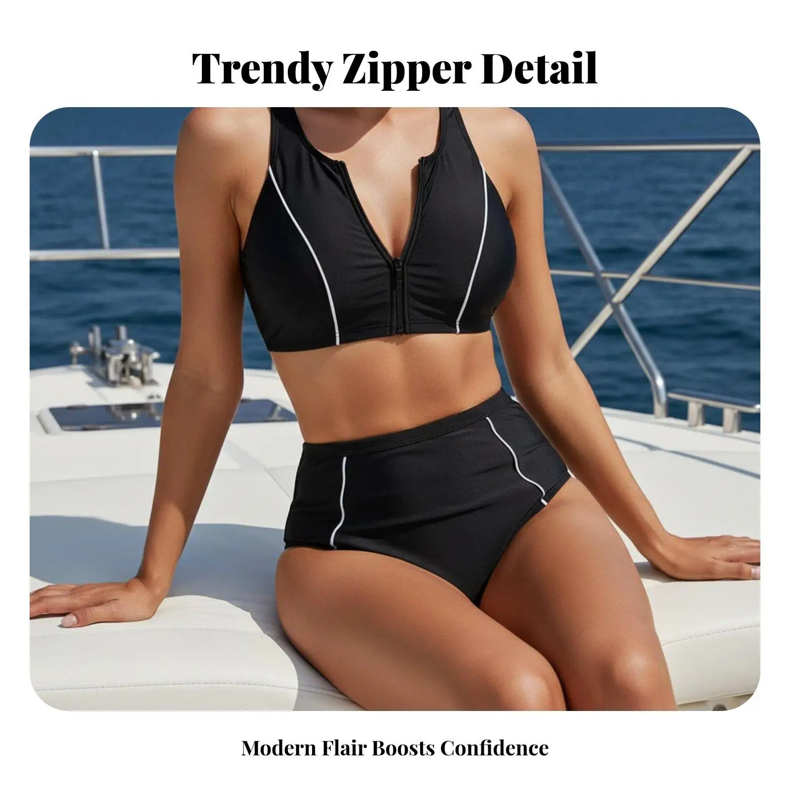 Black Bikini Set for Women High Waist Tummy Control Sport Two Piece Swimsuit Racerback Zipper Quick Dry Athletic Beachwear