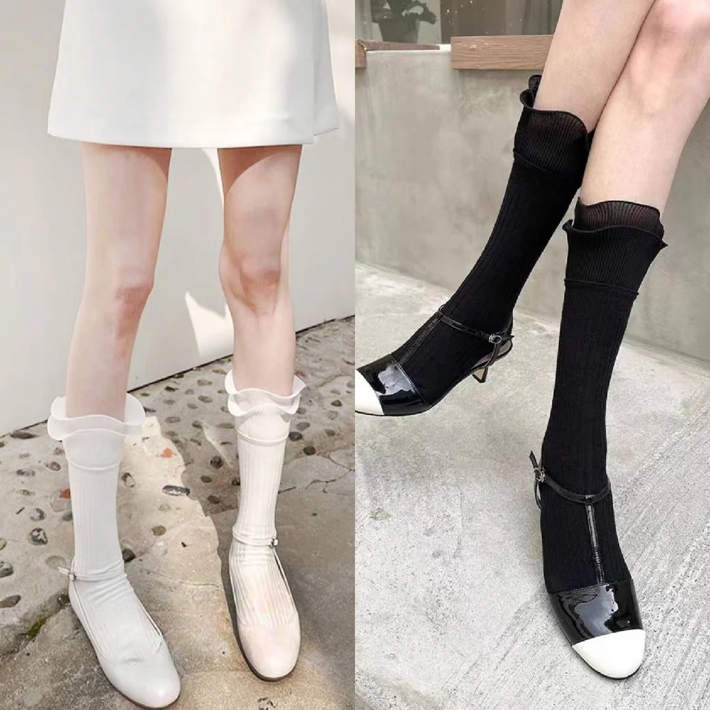 

High Quality Women Sexy Double Ruffled Calf Socks New Trendy Designer Middle Tube Ballet Leg Sock JK Lolita Party Pile Socks