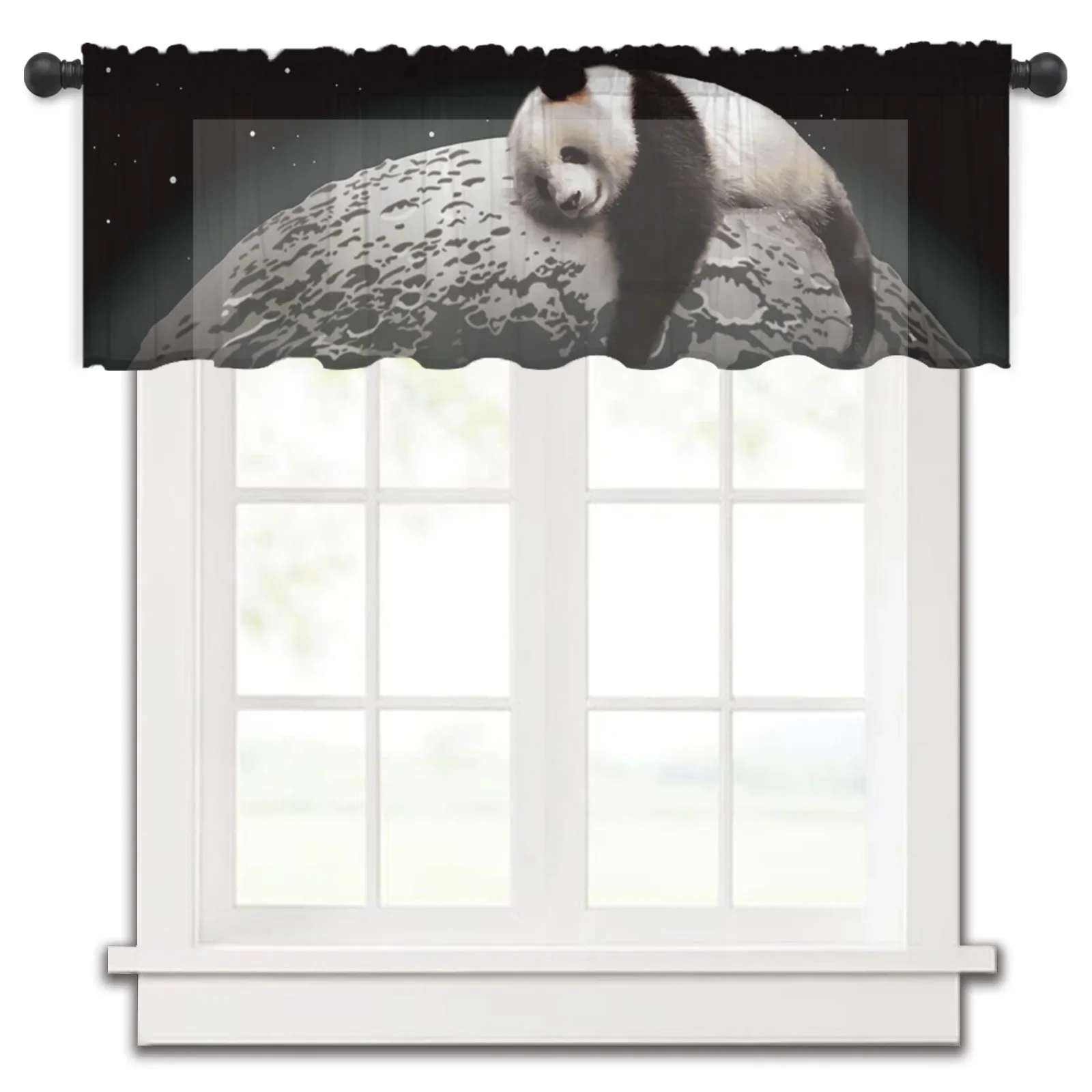 Moon Night Sky Star Panda Black Rod Pocket Short Curtain Half-Curtain For Kitchen Door Drape Cafe Small Window Sheer Curtains