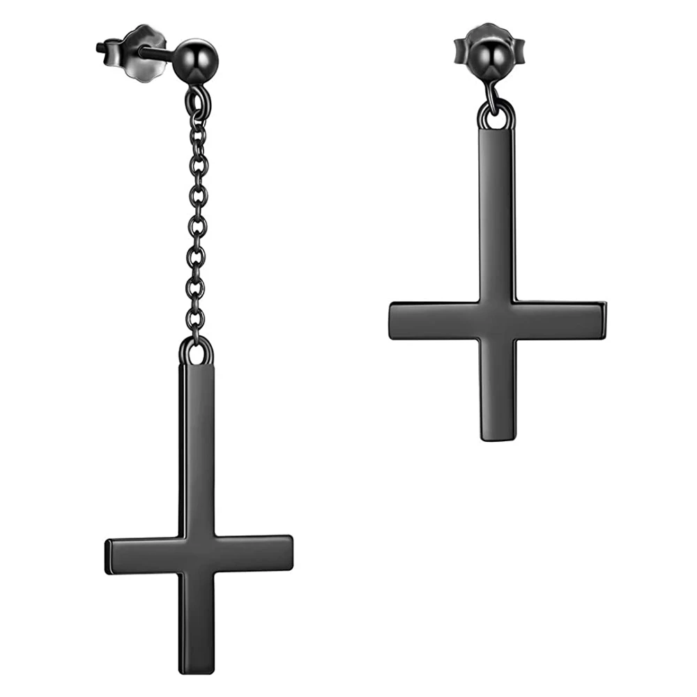 WKOUD Mens Cross Stud Earrings Religious Christian Cross Dangle Earrings Boys Hip Hop Stainless Steel Asymmetry Cross Jewelry