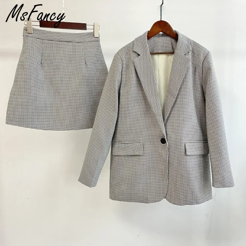 Msfancy Plaid Suit Women 2022 Fashion Vintage Blazer Skirt Set Mujer Spring Casual Tailleur Femme Mini Skirt 2 Piece Set