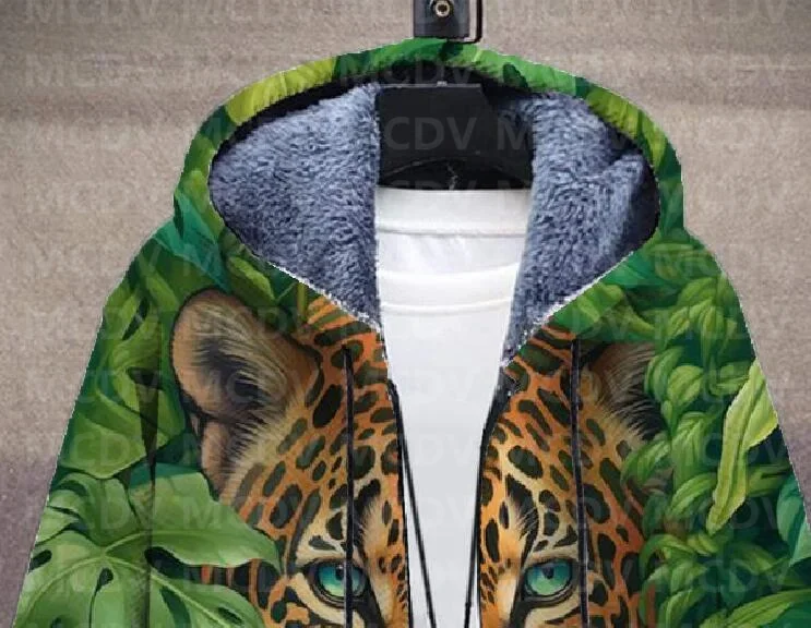 Men's Retro Print Plush Thick Long-Sleeved Coat Cardigan Leopard 3D Prined Fleece Hooded Overcoat Unisex Thick Warm Jacket